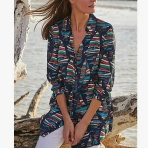 Soft Surroundings Colorful Boats Novelty Print Button Down Cupro Nautical Blouse